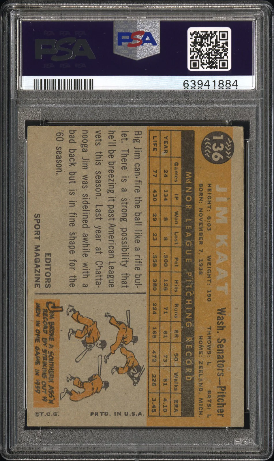 1960 Topps Jim Kaat #136 PSA 3 - Image 2