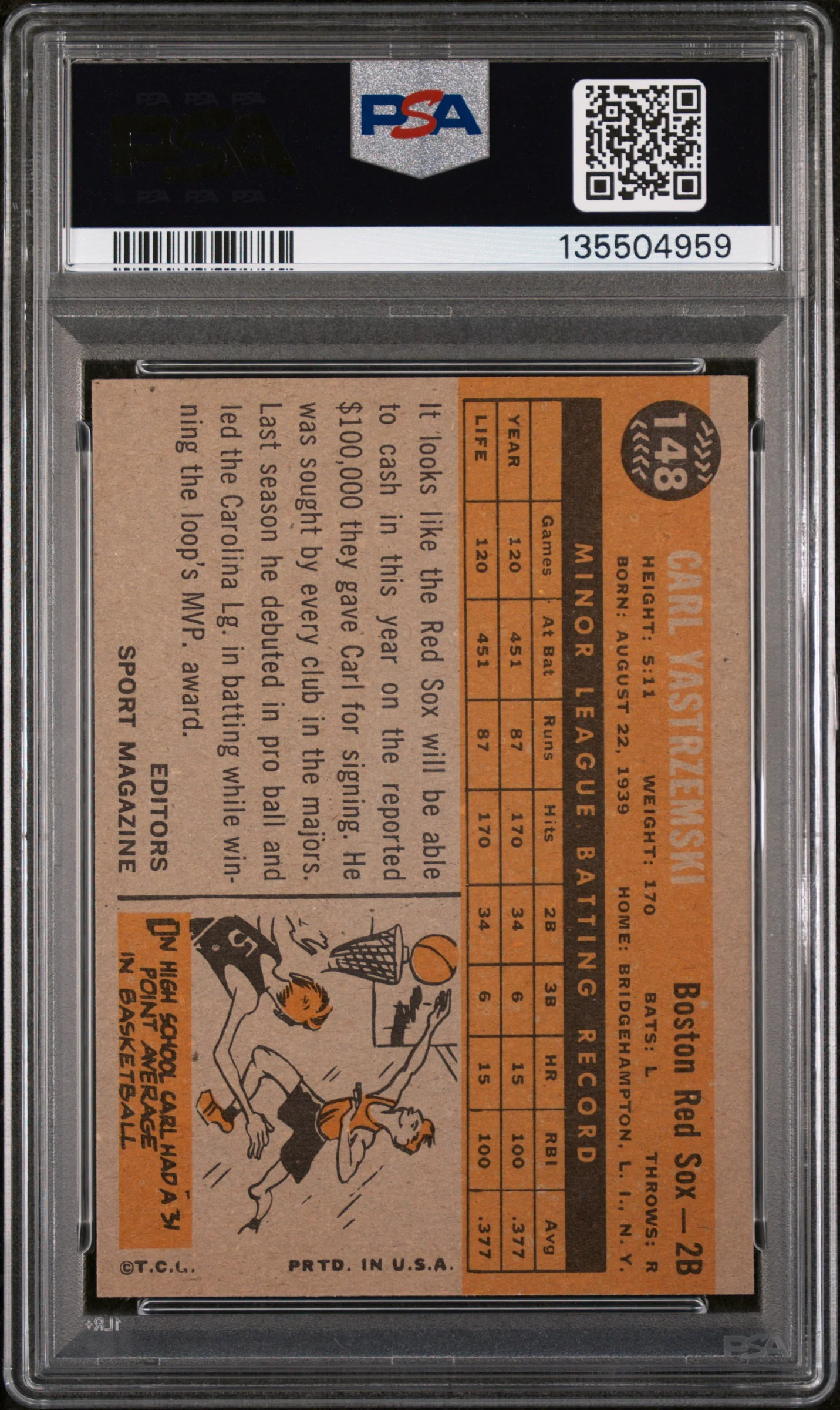 1960 Topps Rookie Star Carl Yastrzemski #148 PSA 3 - Image 2