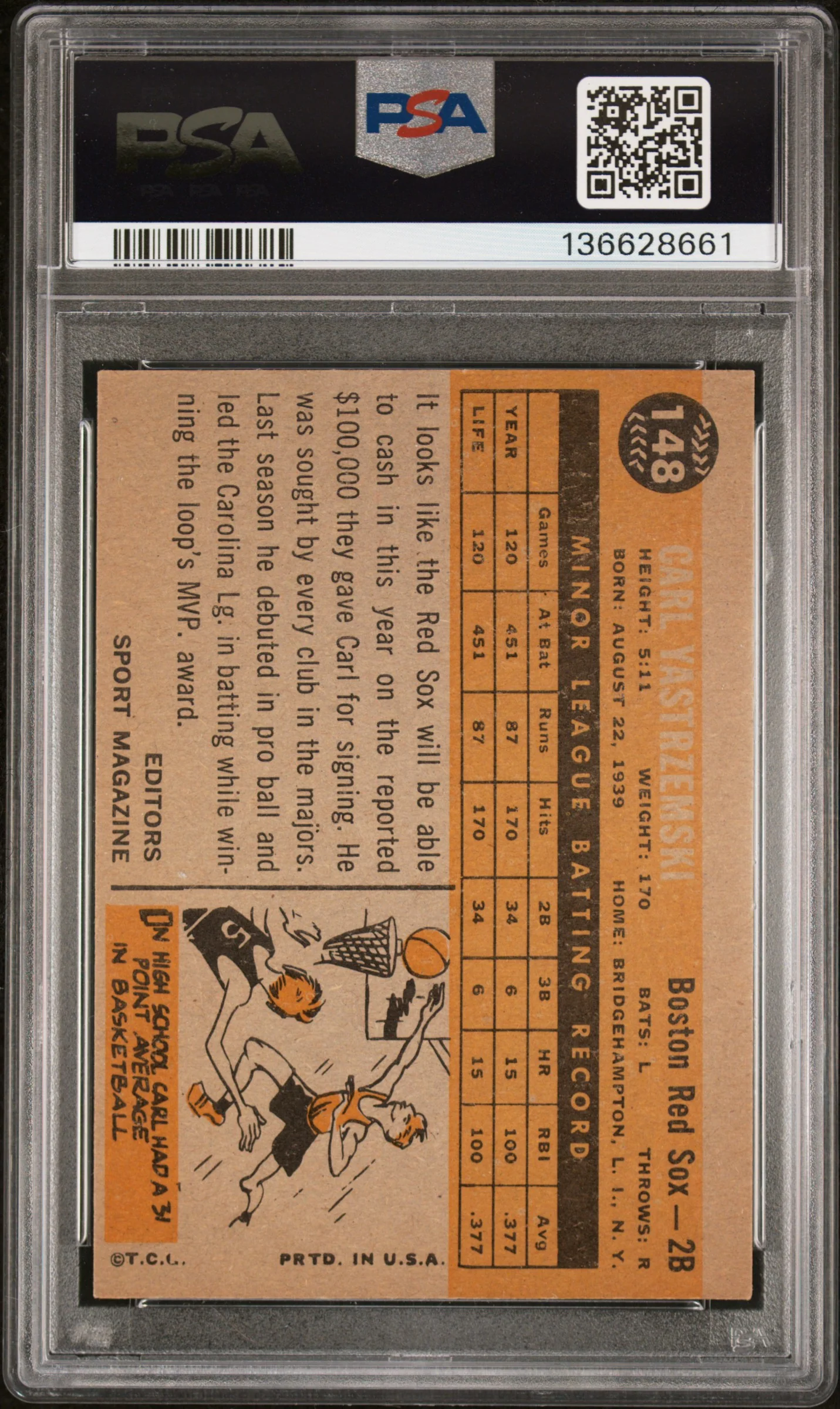 1960 Topps Rookie Star Carl Yastrzemski #148 PSA 5 - Image 2