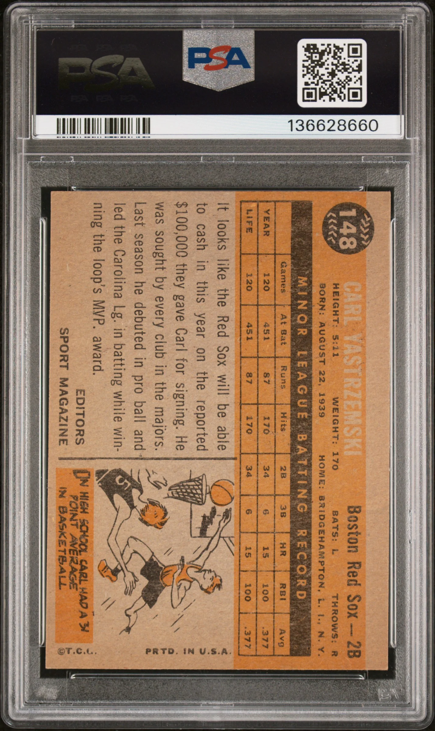 1960 Topps Rookie Star Carl Yastrzemski #148 PSA 6 - Image 2