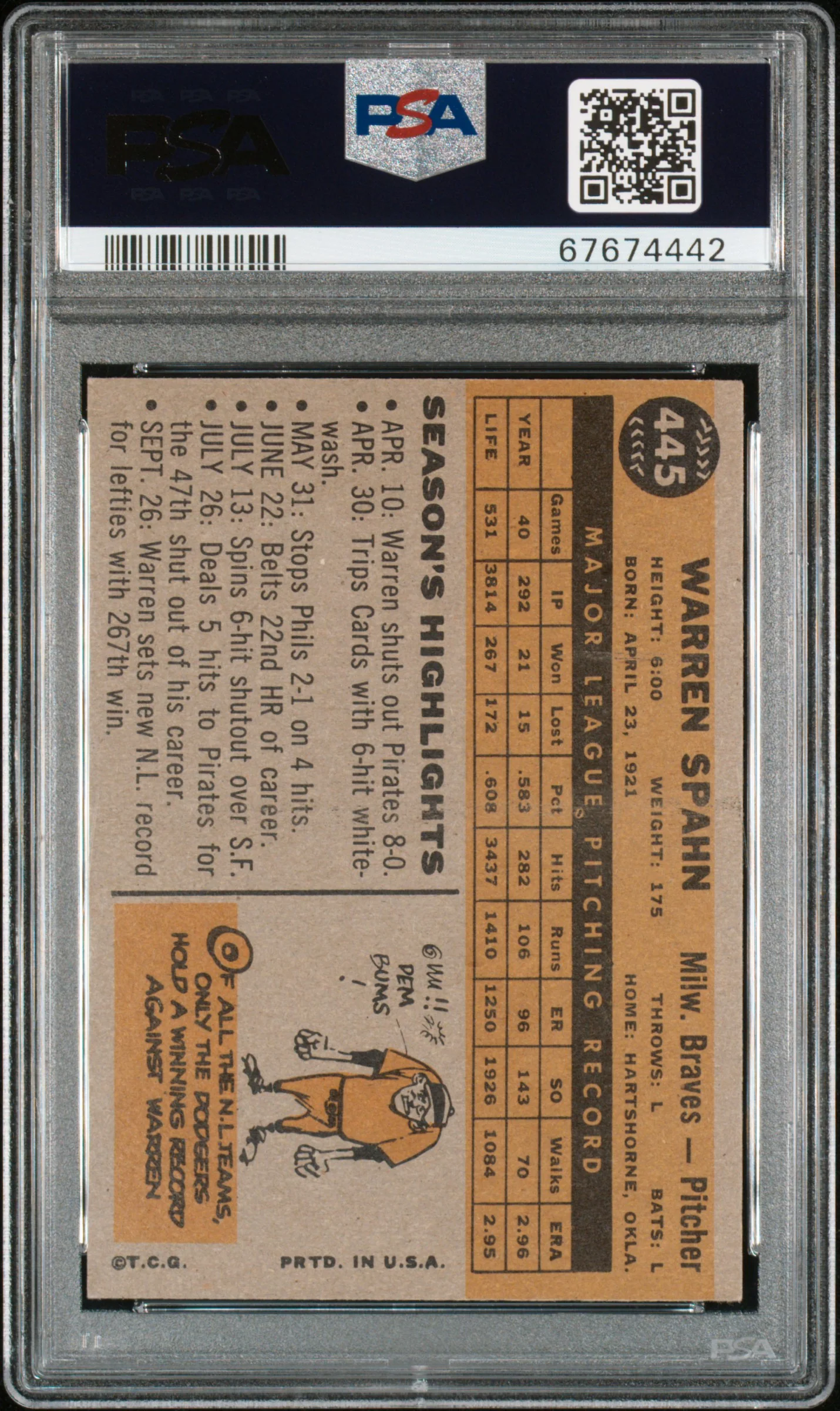 1960 Topps Warren Spahn #445 PSA 6 - Image 2