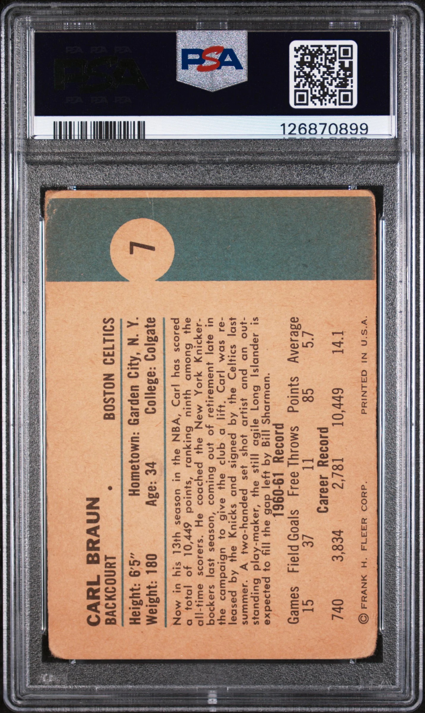1961 Fleer Carl Braun #7 PSA 1 - Image 2