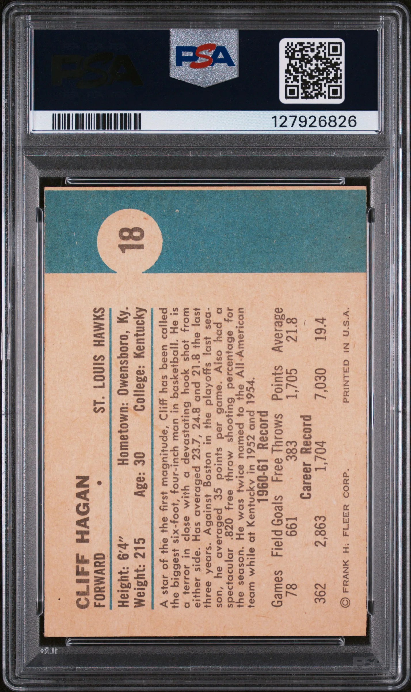 1961 Fleer Cliff Hagan #18 PSA 6 - Image 2