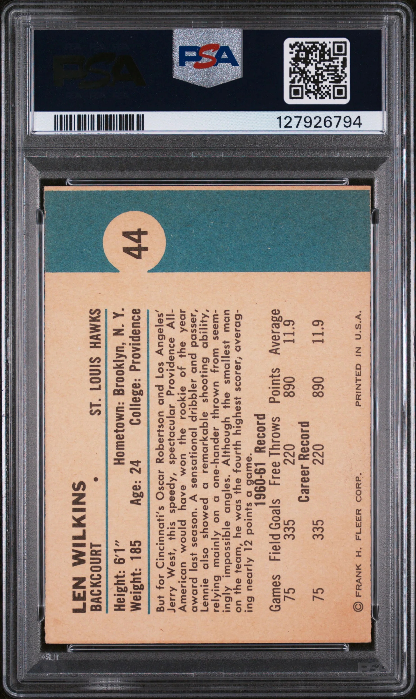 1961 Fleer Lenny Wilkins #44 PSA 6 - Image 2