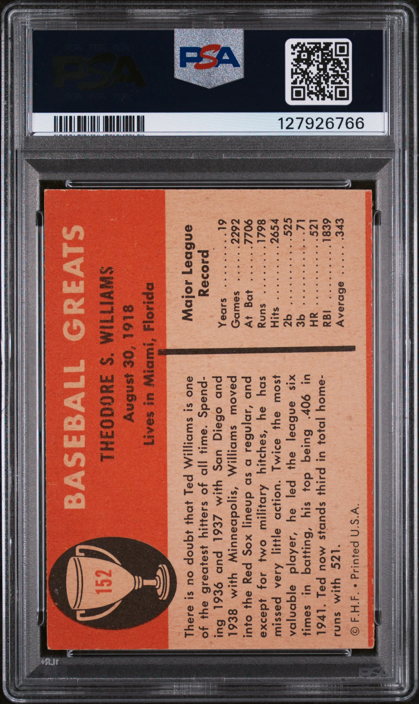 1961 Fleer Tradition Ted Williams #152 PSA 5 - Image 2