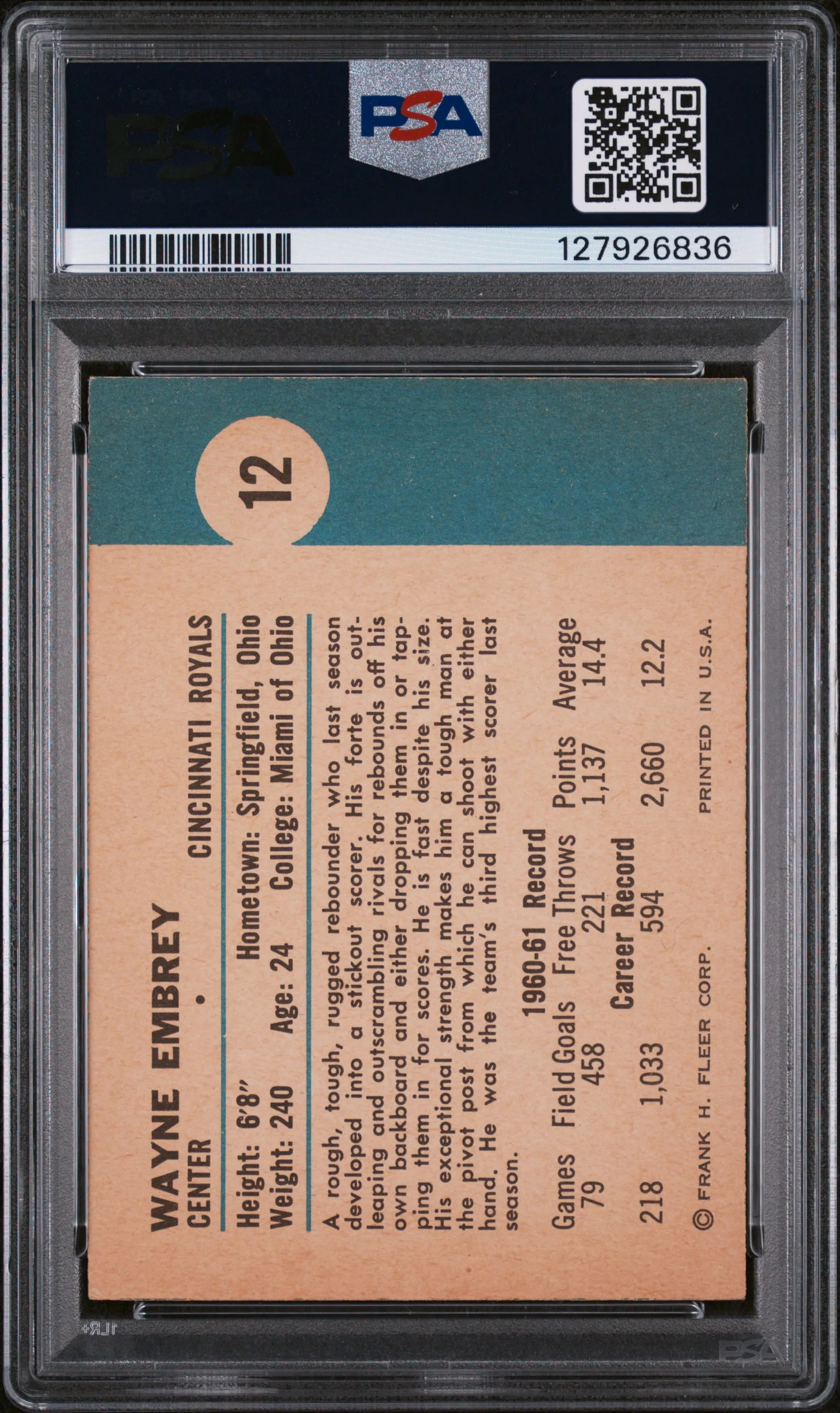 1961 Fleer Wayne Embry #12 PSA 3 - Image 2