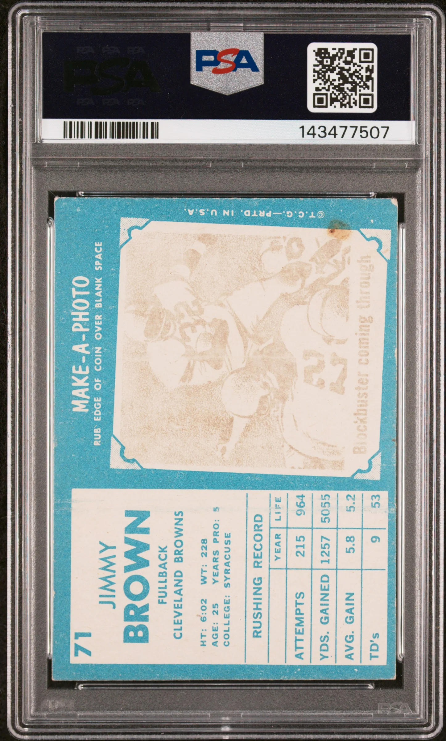 1961 Topps Jim Brown #71 PSA 4 - Image 2
