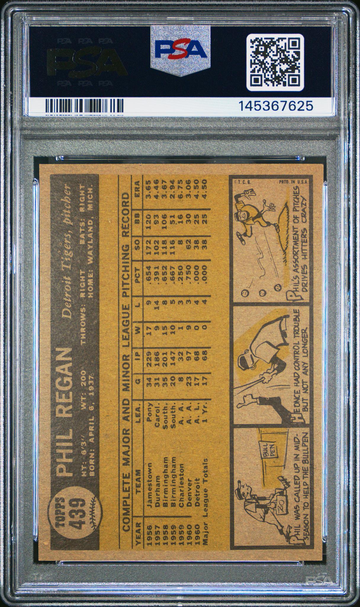 1961 Topps Phil Regan #439 PSA 5 - Image 2