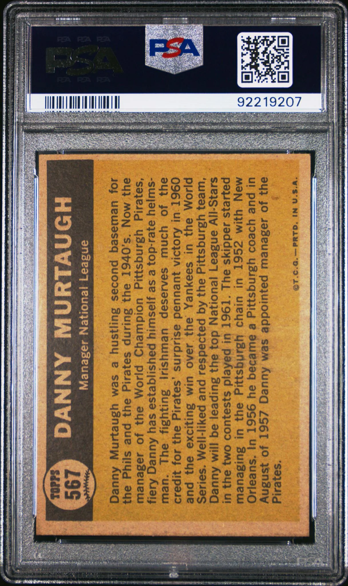 1961 Topps Sporting News All-Star Danny Murtaugh #567 PSA 5 - Image 2
