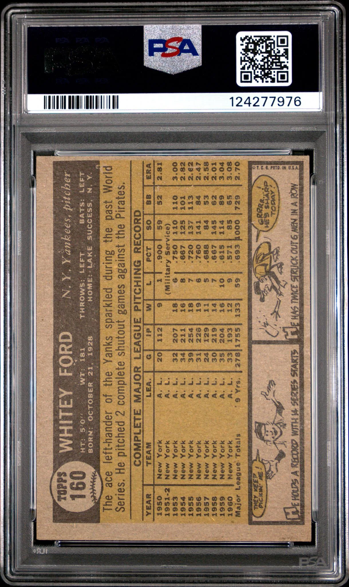 1961 Topps Whitey Ford #160 PSA 6 - Image 2