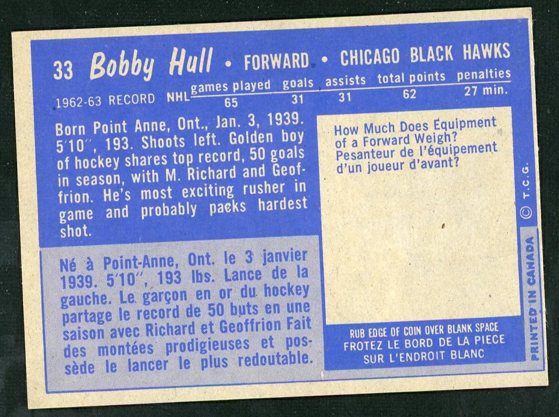 1962 Topps 33 Bobby Hull VG Chicago Black Hawks - Image 2