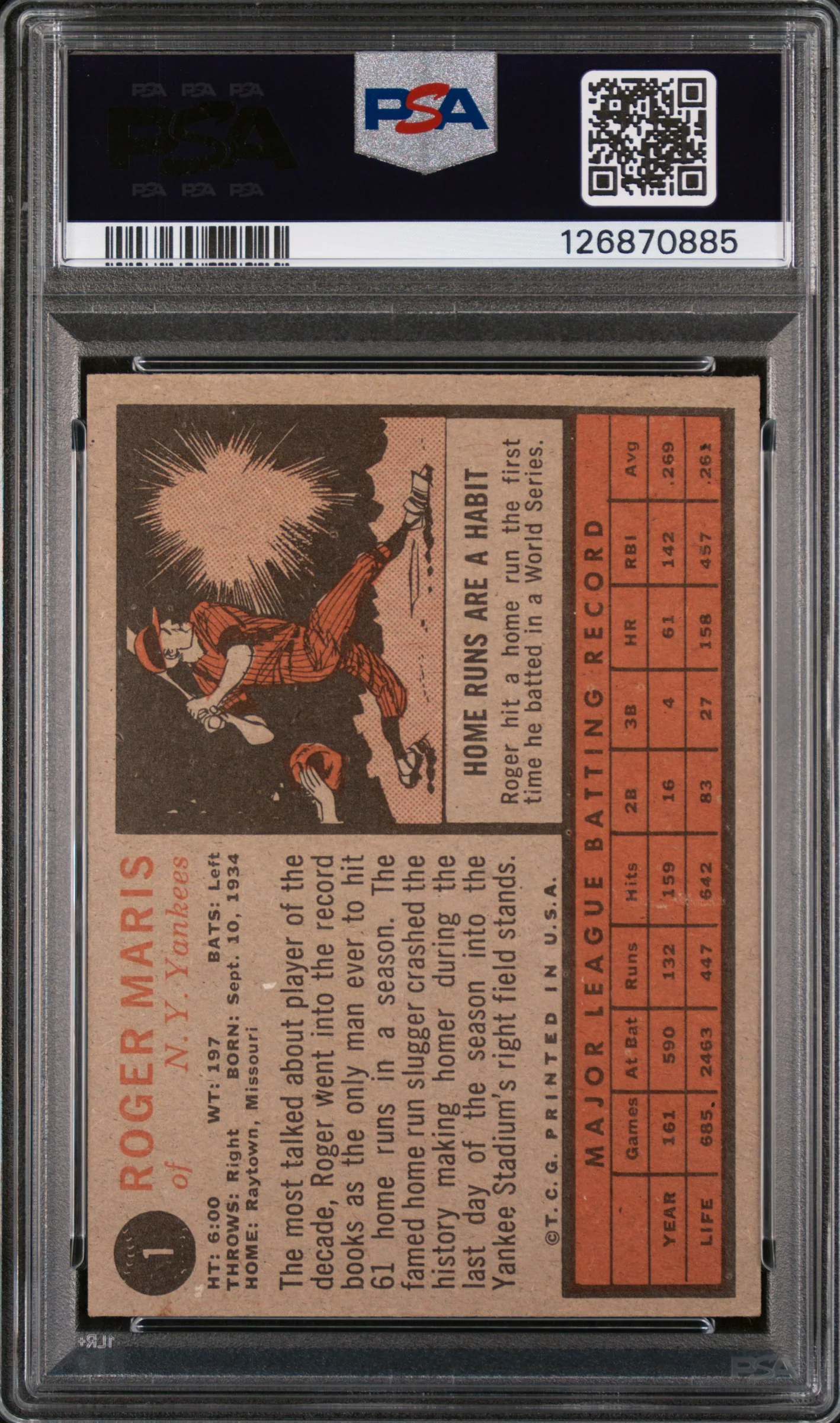 1962 Topps Roger Maris #1 PSA 4 - Image 2