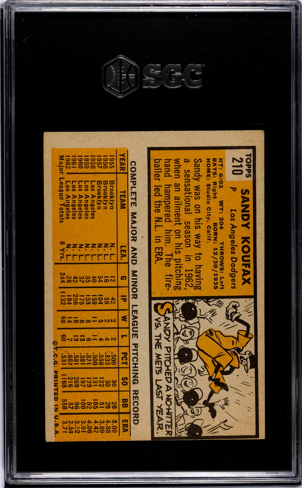1963 Topps #210 Sandy Koufax SGC 4 - Image 2