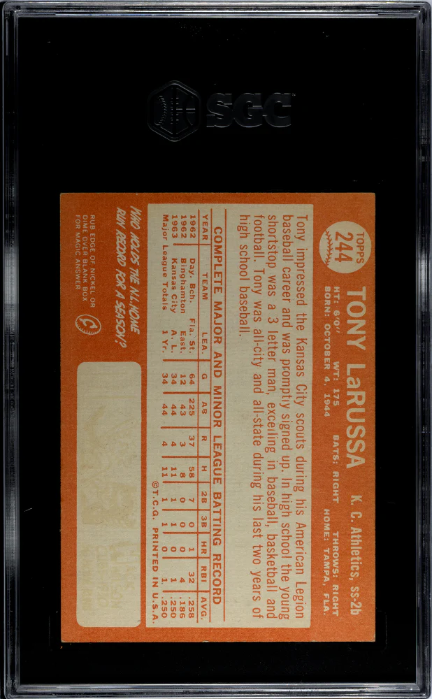 1964 Topps #244 Tony La Russa SGC 5 - Image 2
