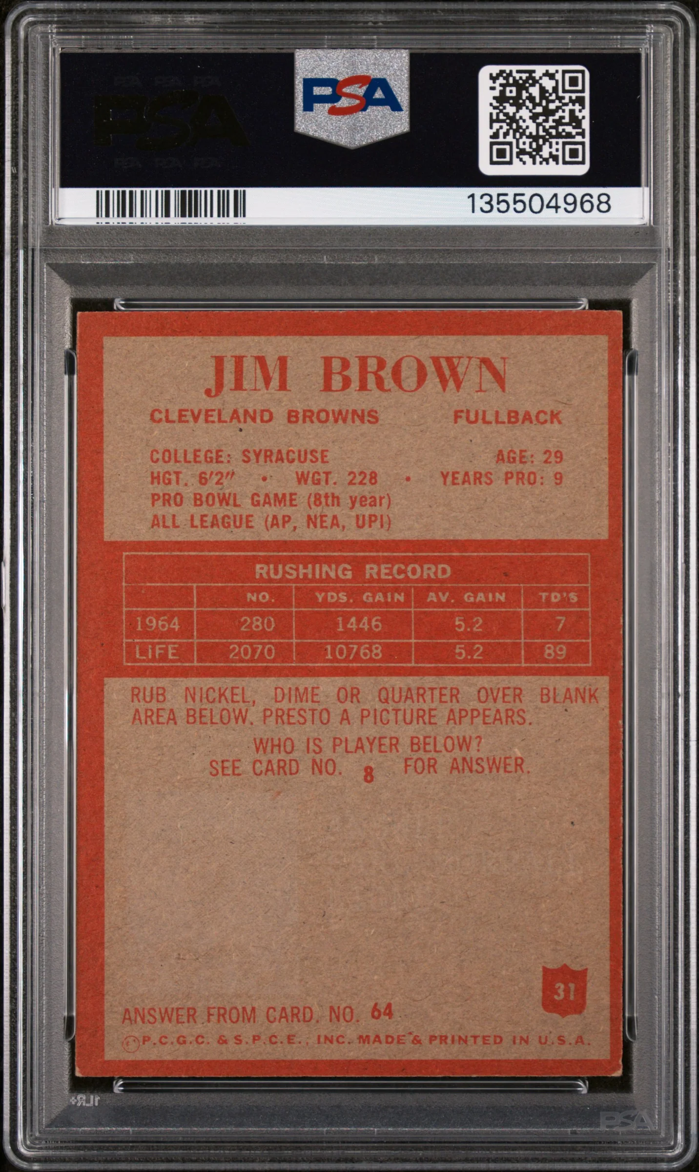 1965 Philadelphia Jim Brown #31 PSA 6 - Image 2