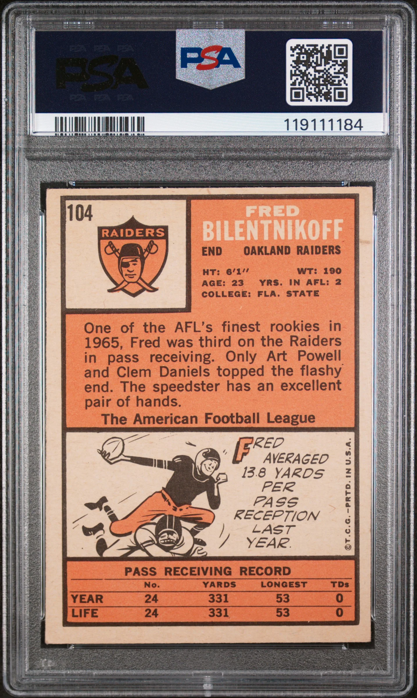 1966 Topps Fred Biletnikoff #104 PSA 4 - Image 2