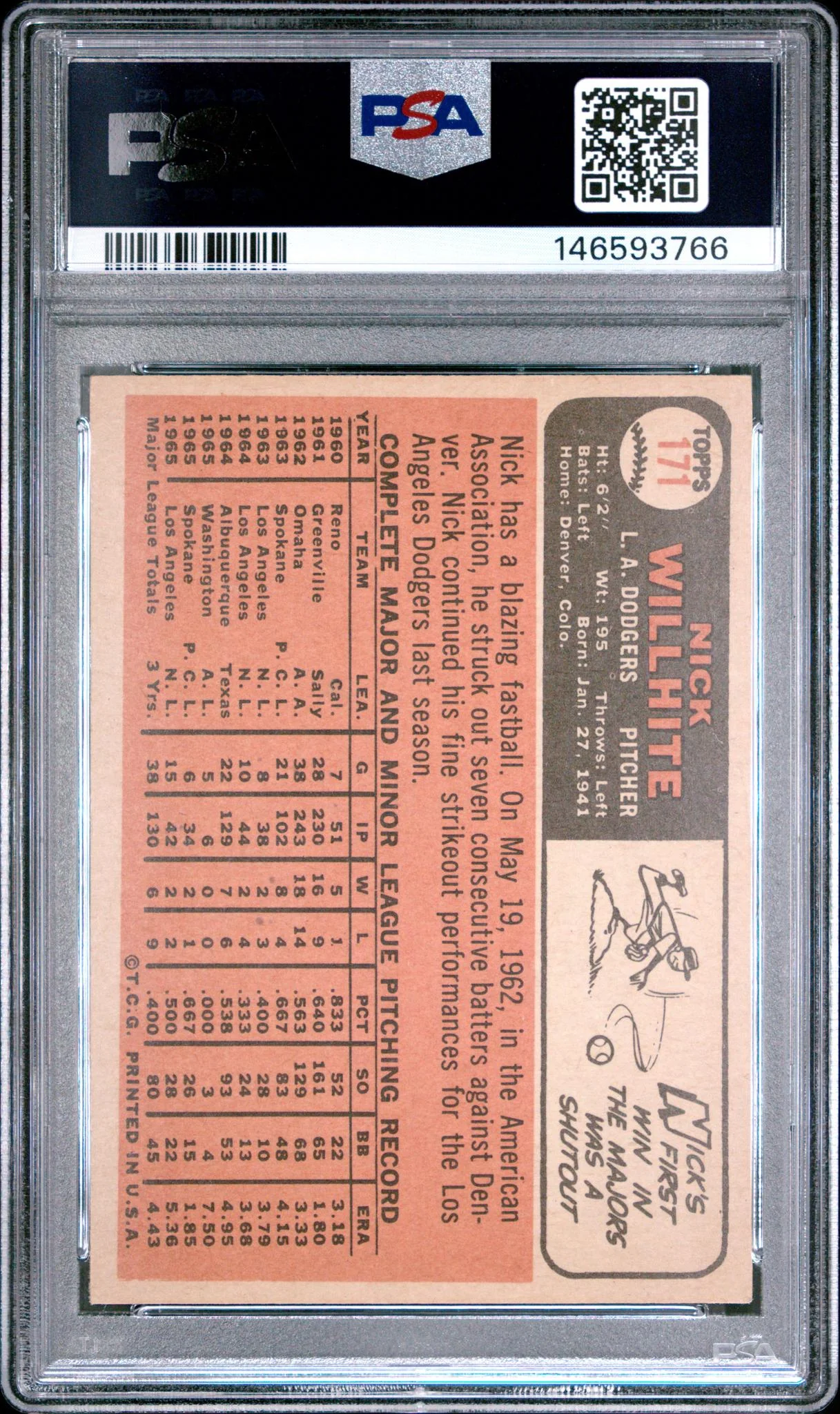 1966 Topps Nick Willhite #171 PSA 6 - Image 2