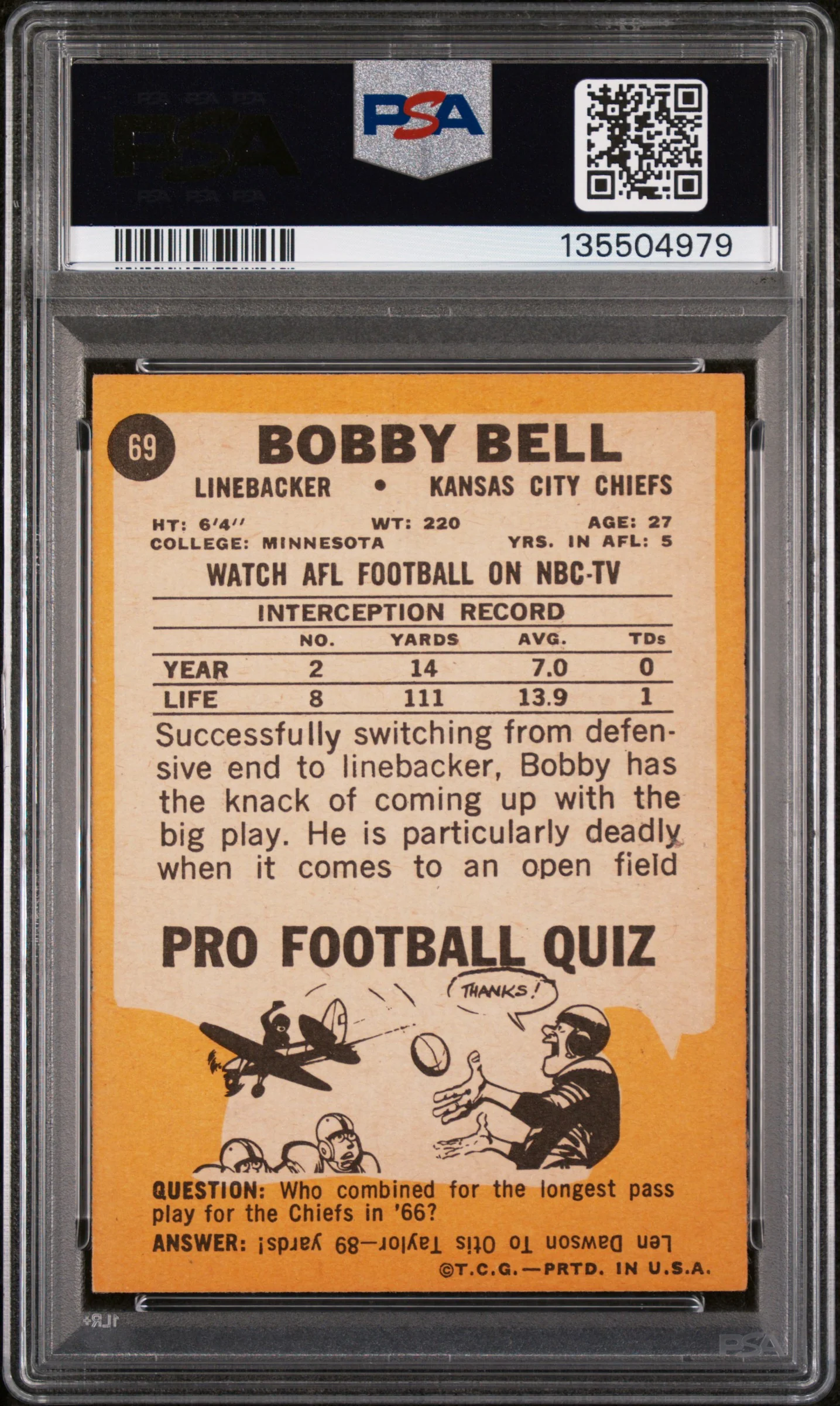 1967 Topps Bobby Bell #69 PSA 5 - Image 2
