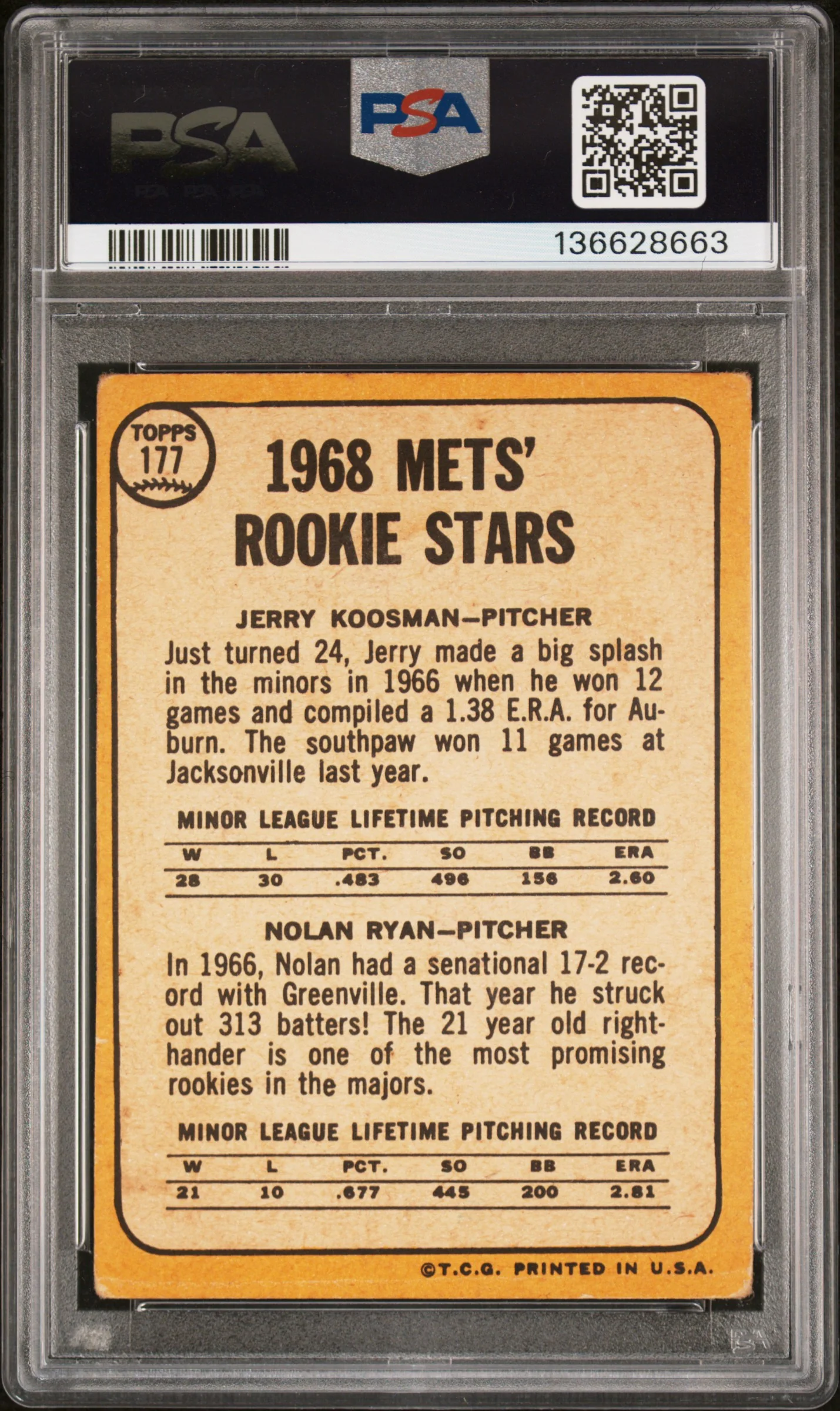 1968 Topps Mets Rookie Stars Jerry Koosman/Nolan Ryan #177 PSA 2 - Image 2