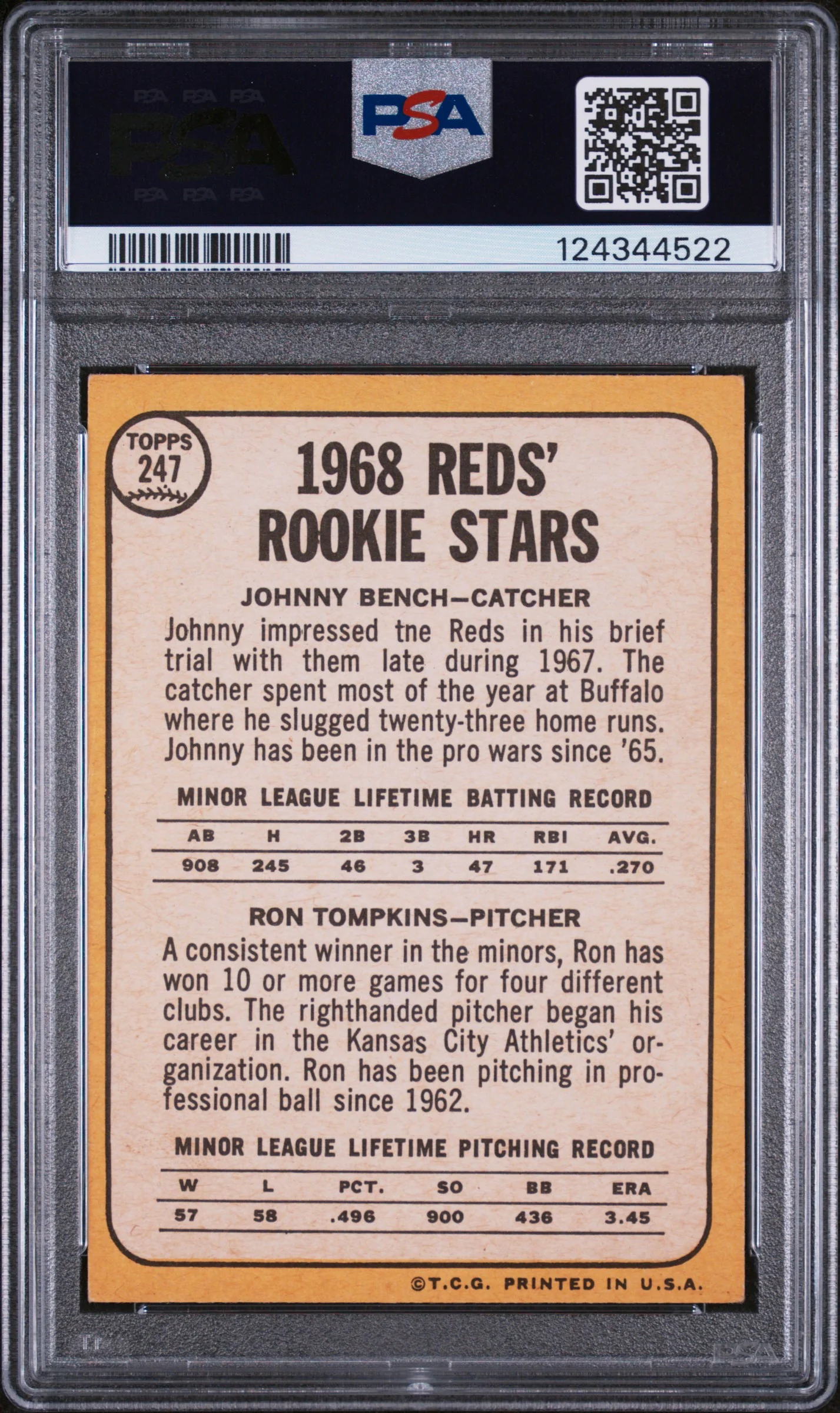 1968 Topps Reds Rookies Johnny Bench/Ron Tompkins #247 PSA 3 - Image 2