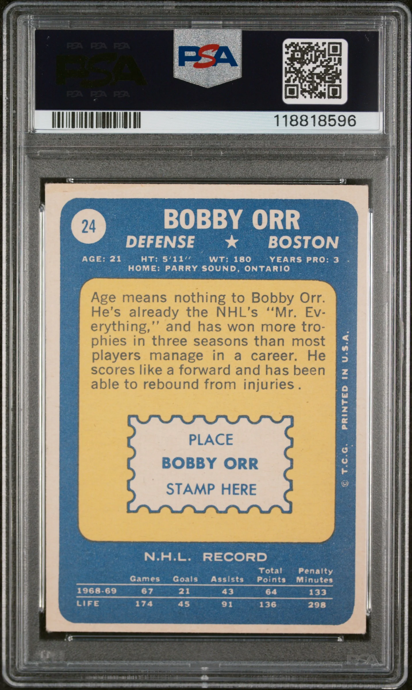 1969 Topps Bobby Orr #24 PSA 5 - Image 2