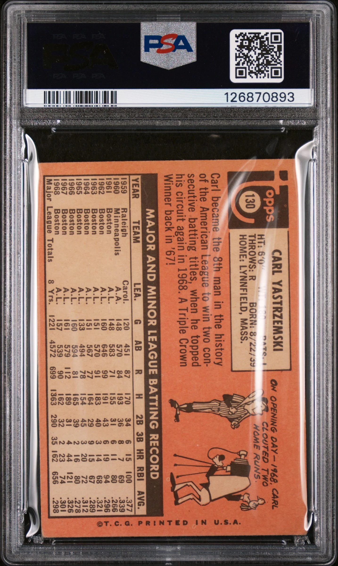 1969 Topps Carl Yastrzemski #130 PSA 2 - Image 2