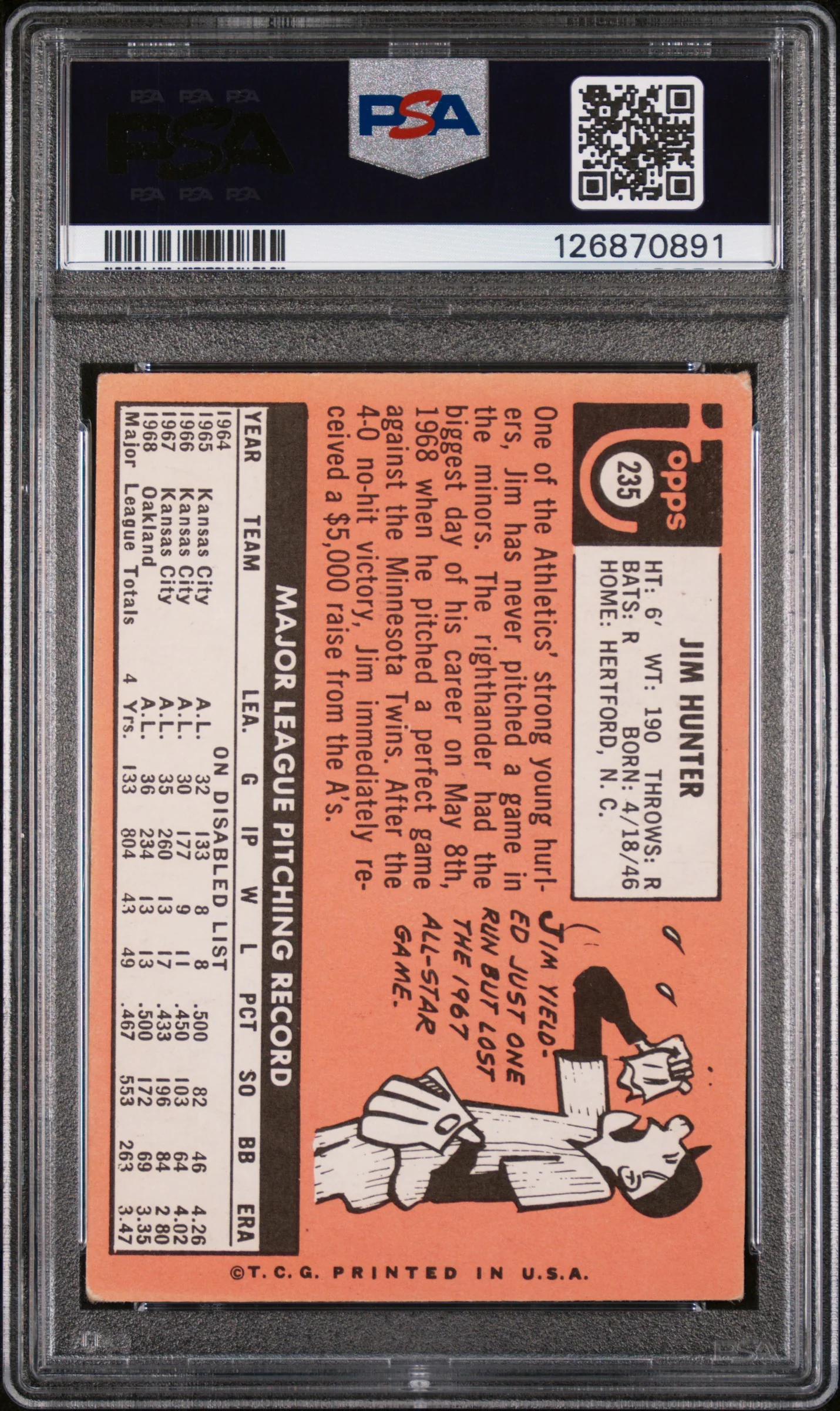 1969 Topps Catfish Hunter #235 PSA 3 - Image 2