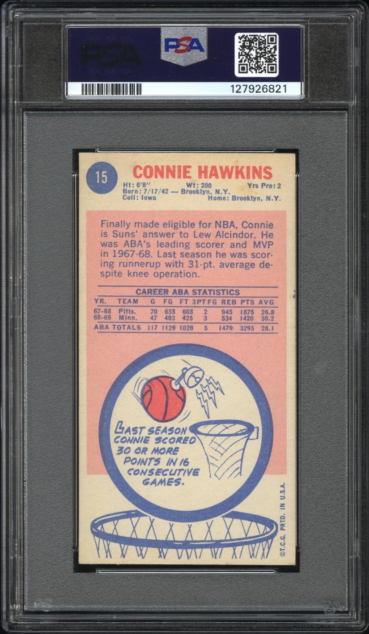 1969 Topps Connie Hawkins #15 PSA 5 - Image 2