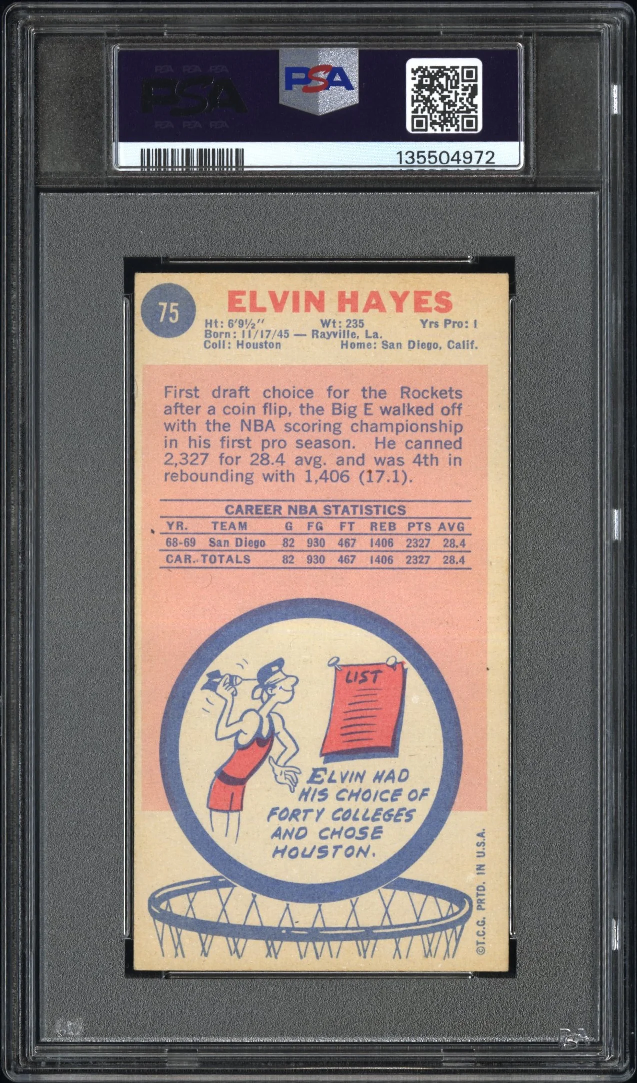 1969 Topps Elvin Hayes #75 PSA 4 - Image 2