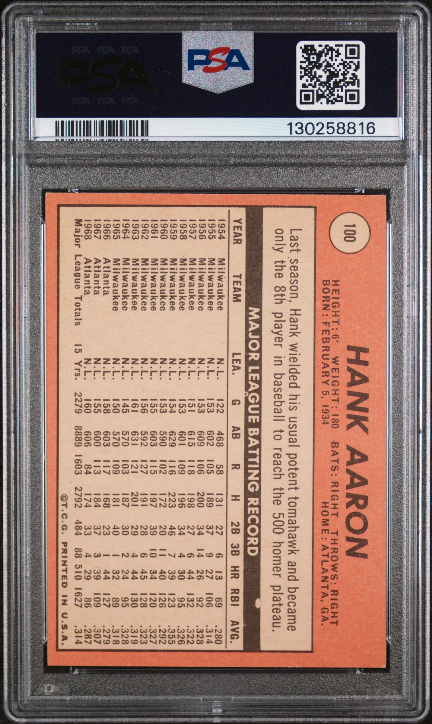 1969 Topps Hank Aaron #100 PSA 4 - Image 2