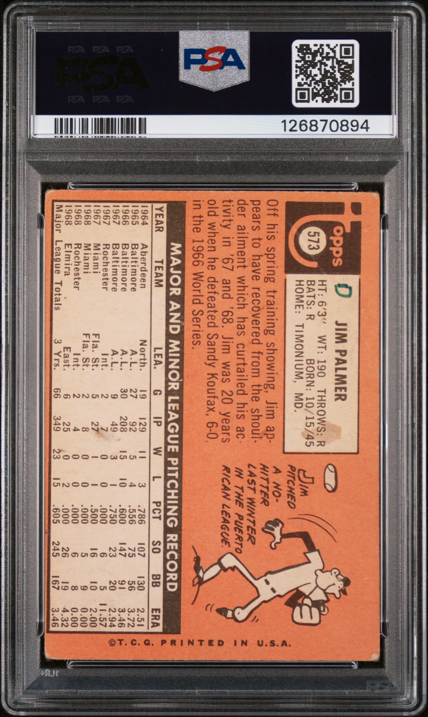 1969 Topps Jim Palmer #573 PSA 2 - Image 2