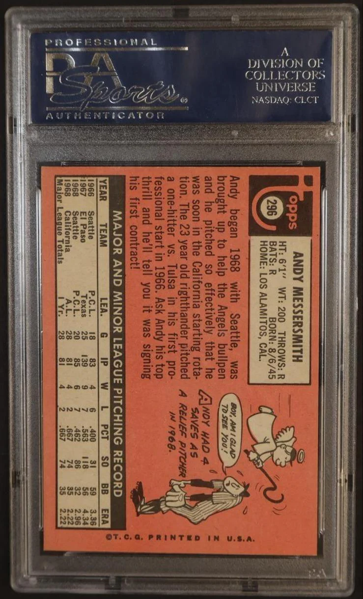 1969 Topps John Messersmith #296 PSA 7 - Image 2