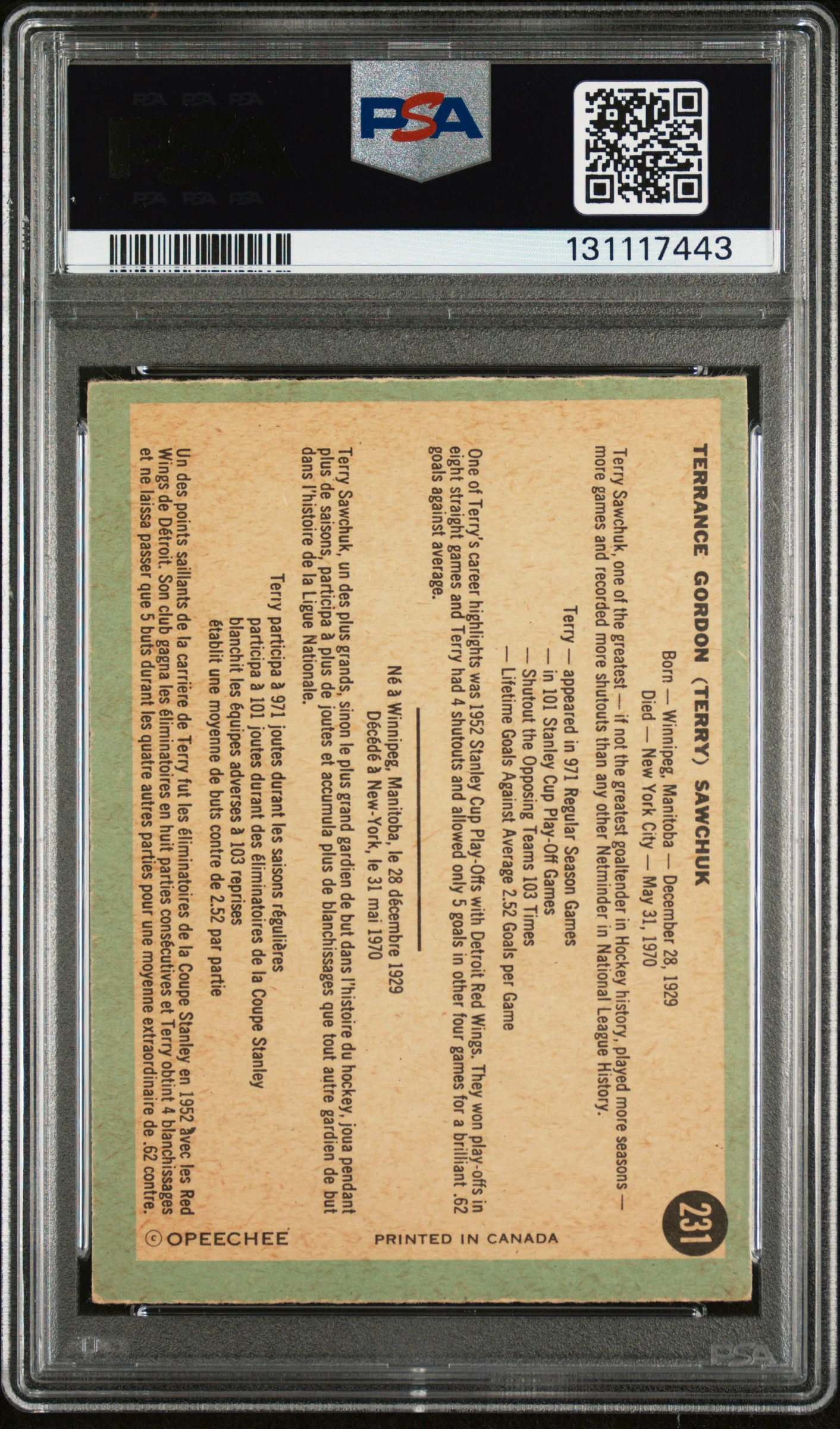 1970 O-Pee-Chee Terry Sawchuk #231 PSA 6 - Image 2