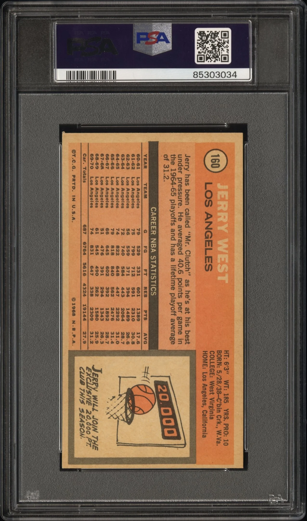 1970 Topps Jerry West #160 PSA 0 - Image 2