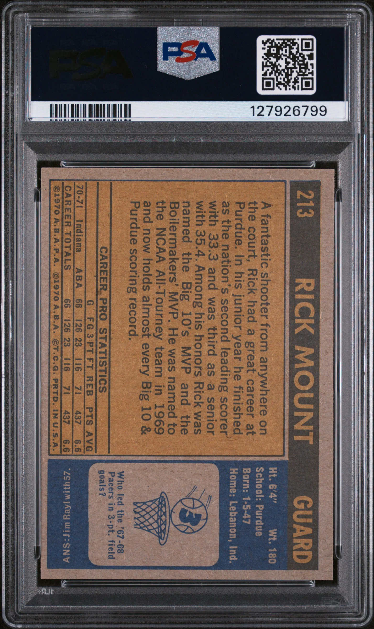1971 Topps Rick Mount #213 PSA 6 - Image 2