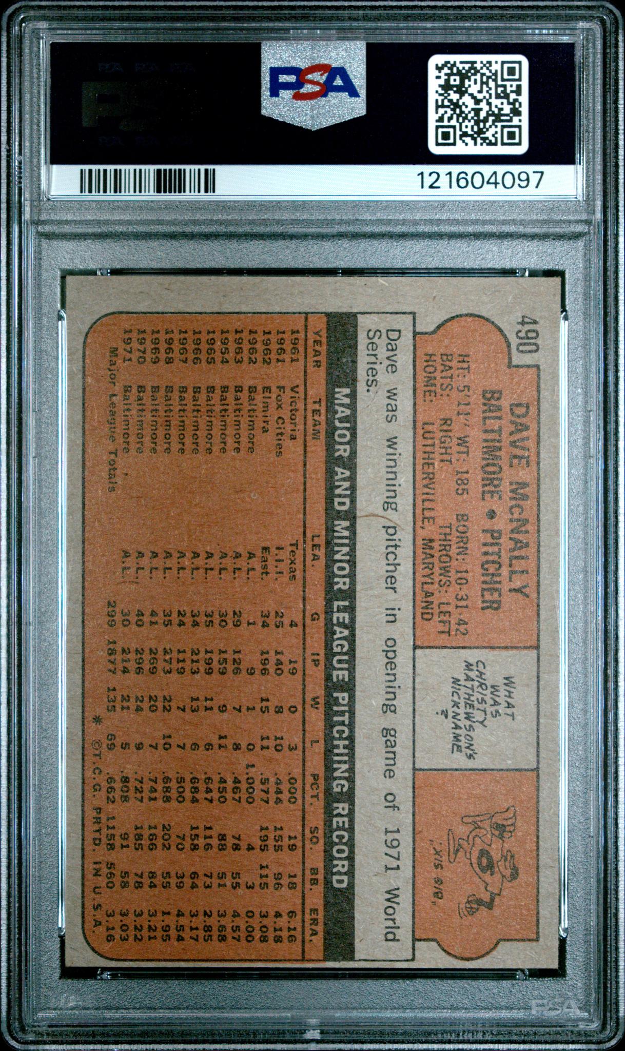 1972 Topps Dave Mcnally #490 PSA 5 - Image 2