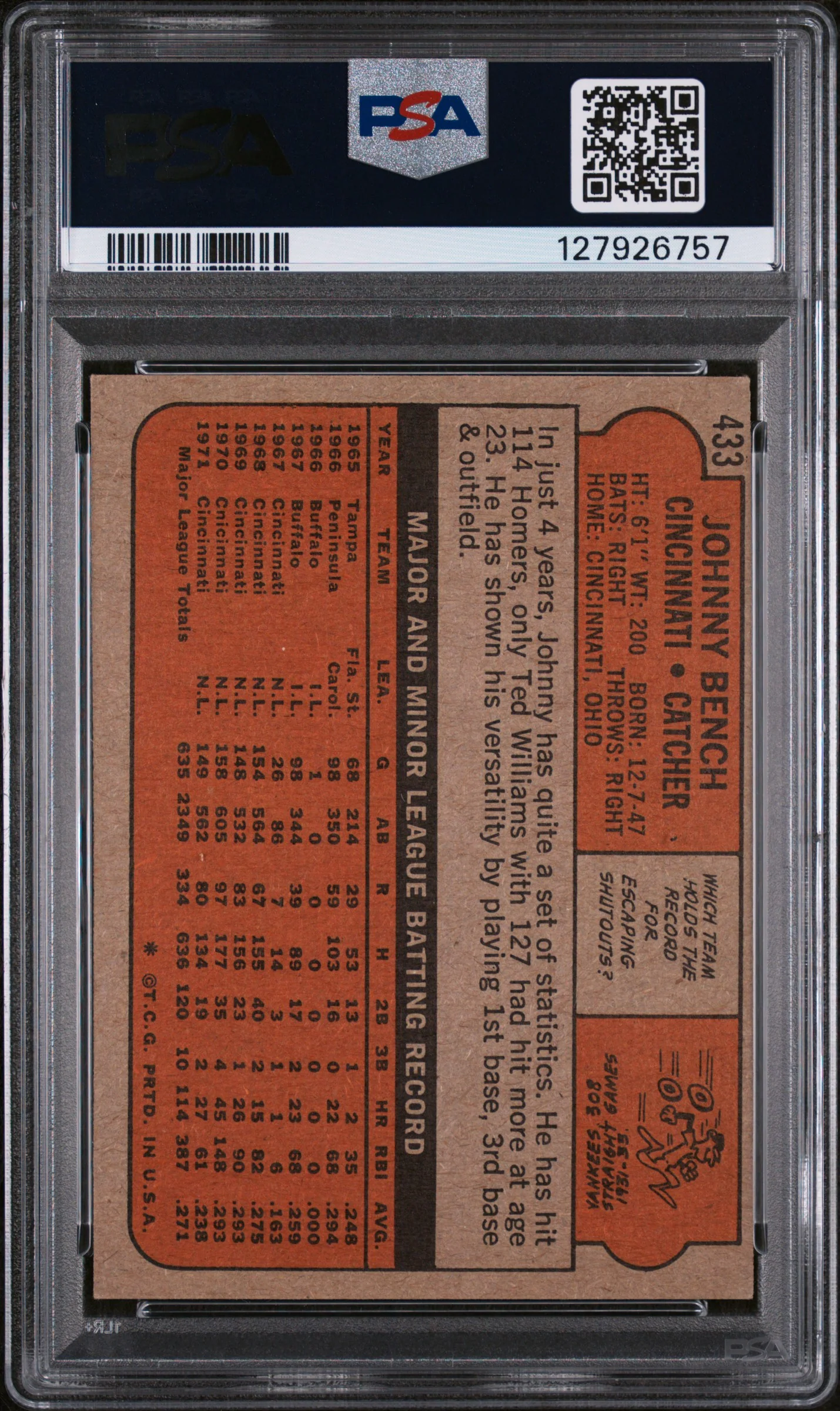 1972 Topps Johnny Bench #433 PSA 5 - Image 2