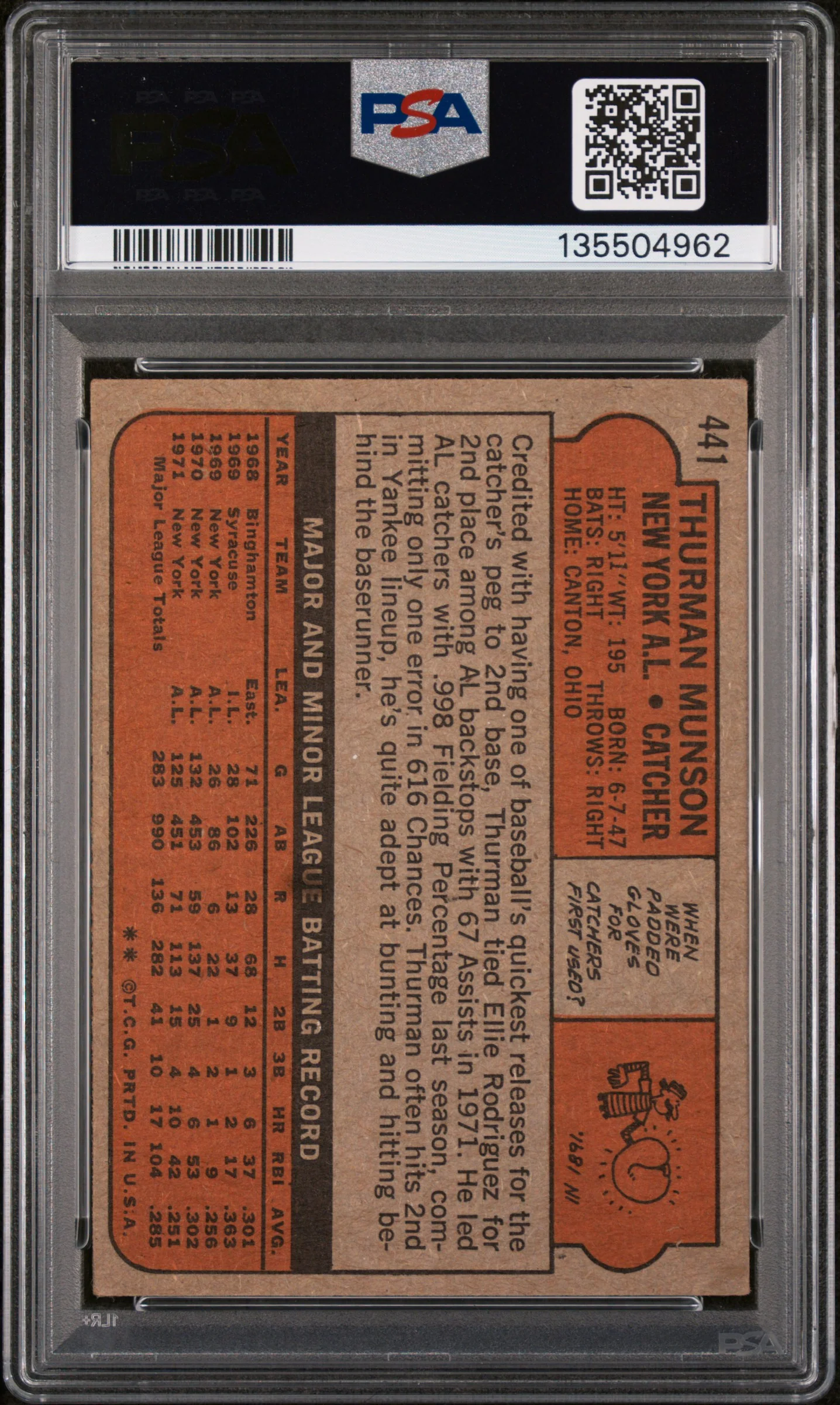 1972 Topps Thurman Munson #441 PSA 3 - Image 2