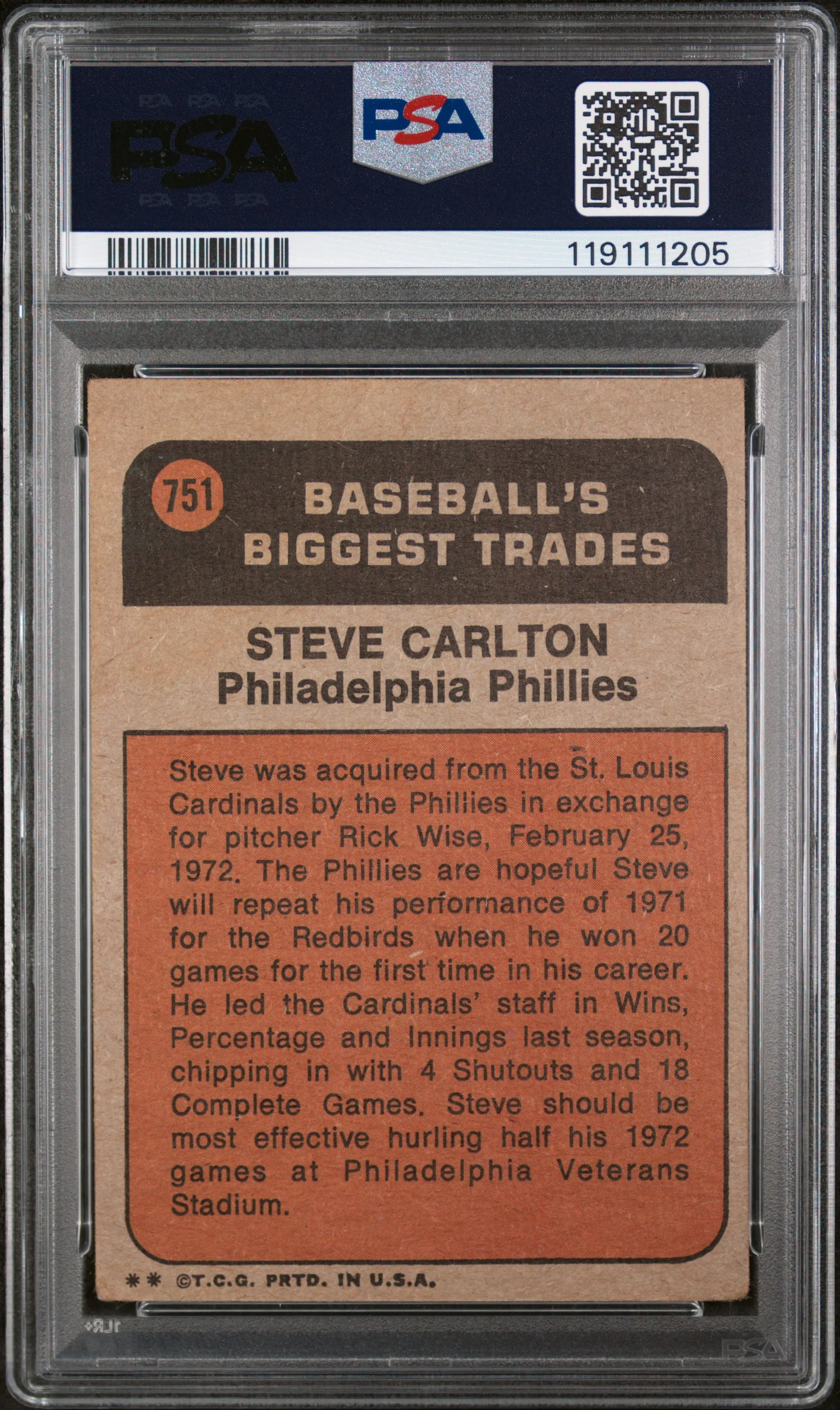 1972 Topps Traded Steve Carlton #751 PSA 3 - Image 2