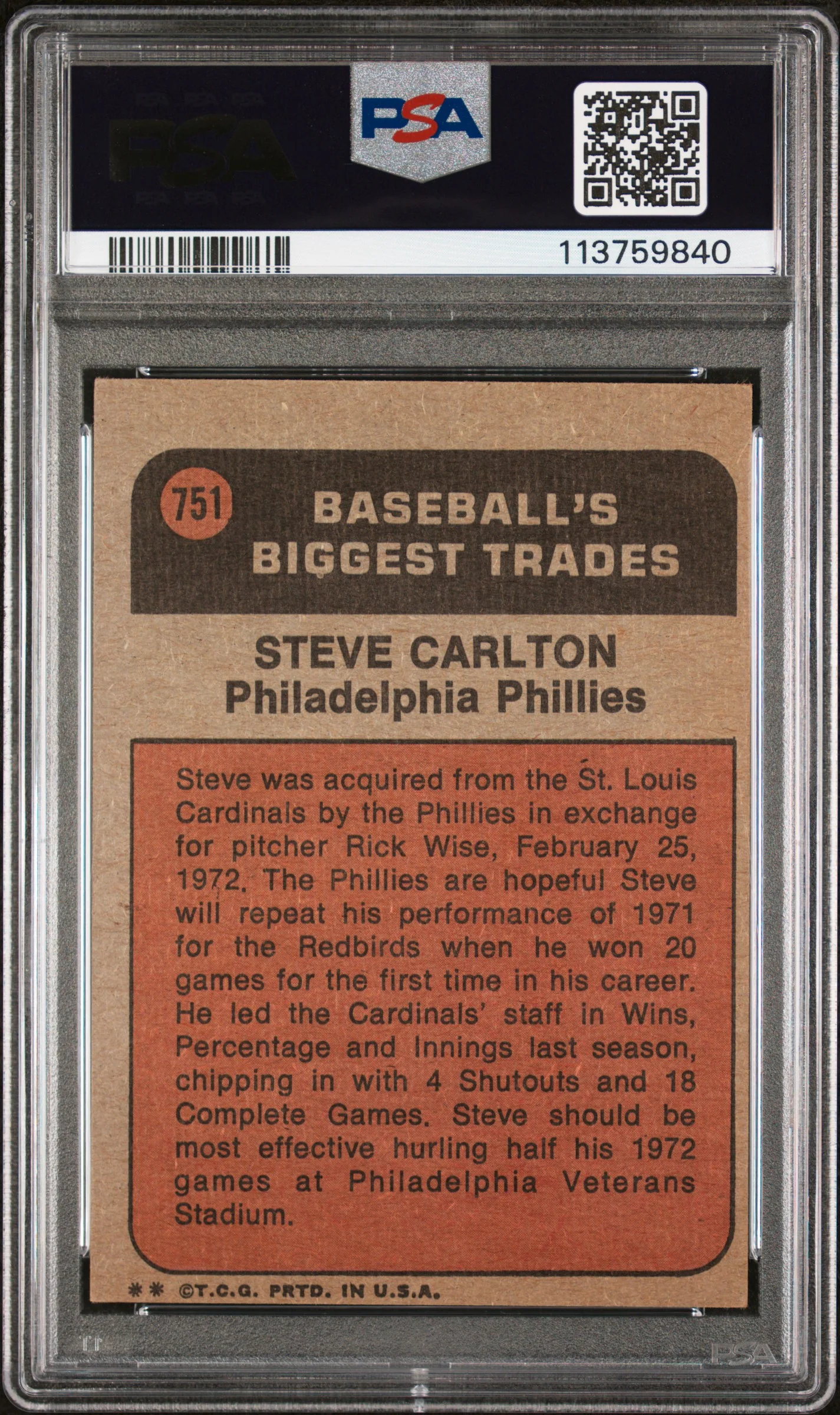 1972 Topps Traded Steve Carlton #751 PSA 5 - Image 2