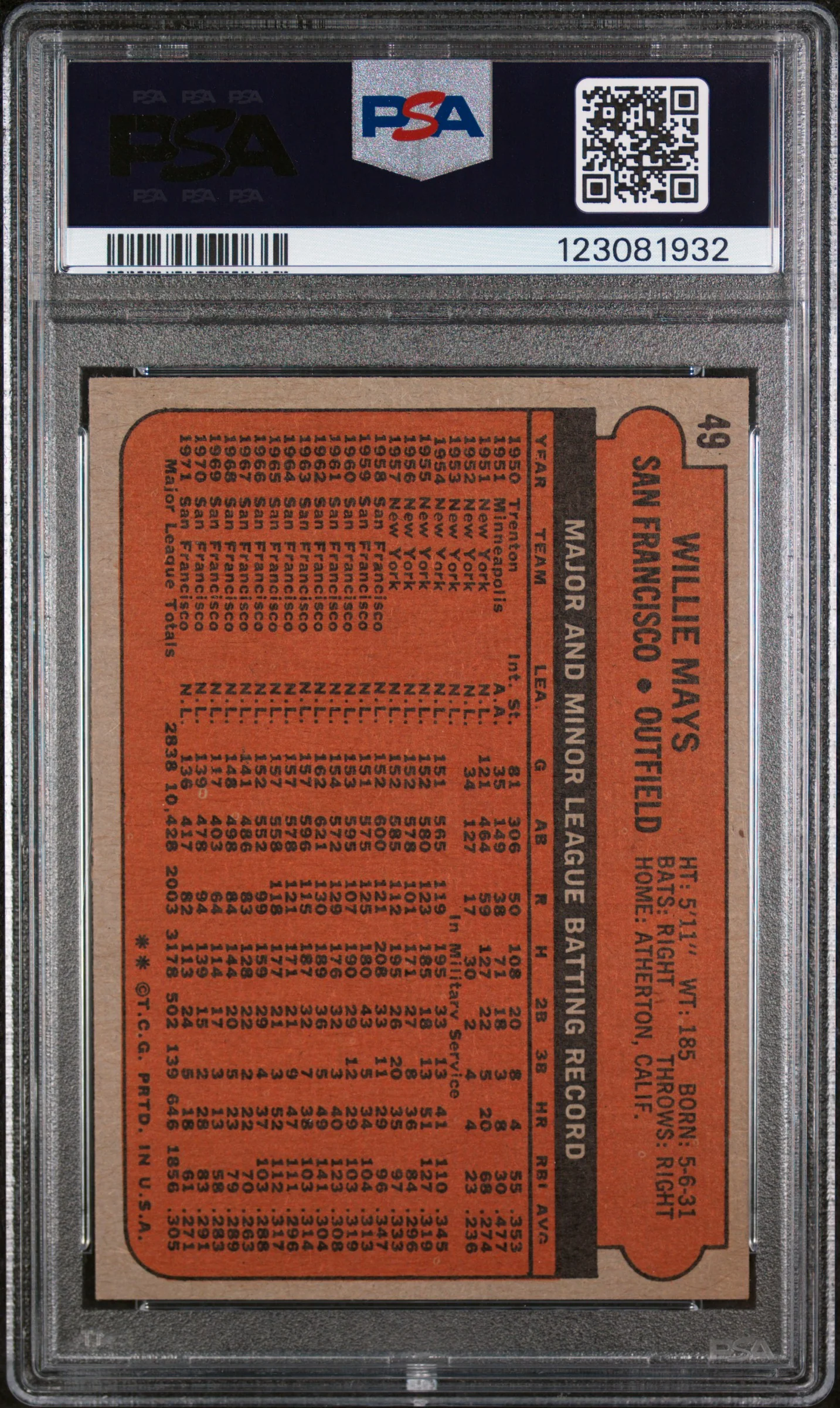 1972 Topps Willie Mays #49 PSA 6 - Image 2