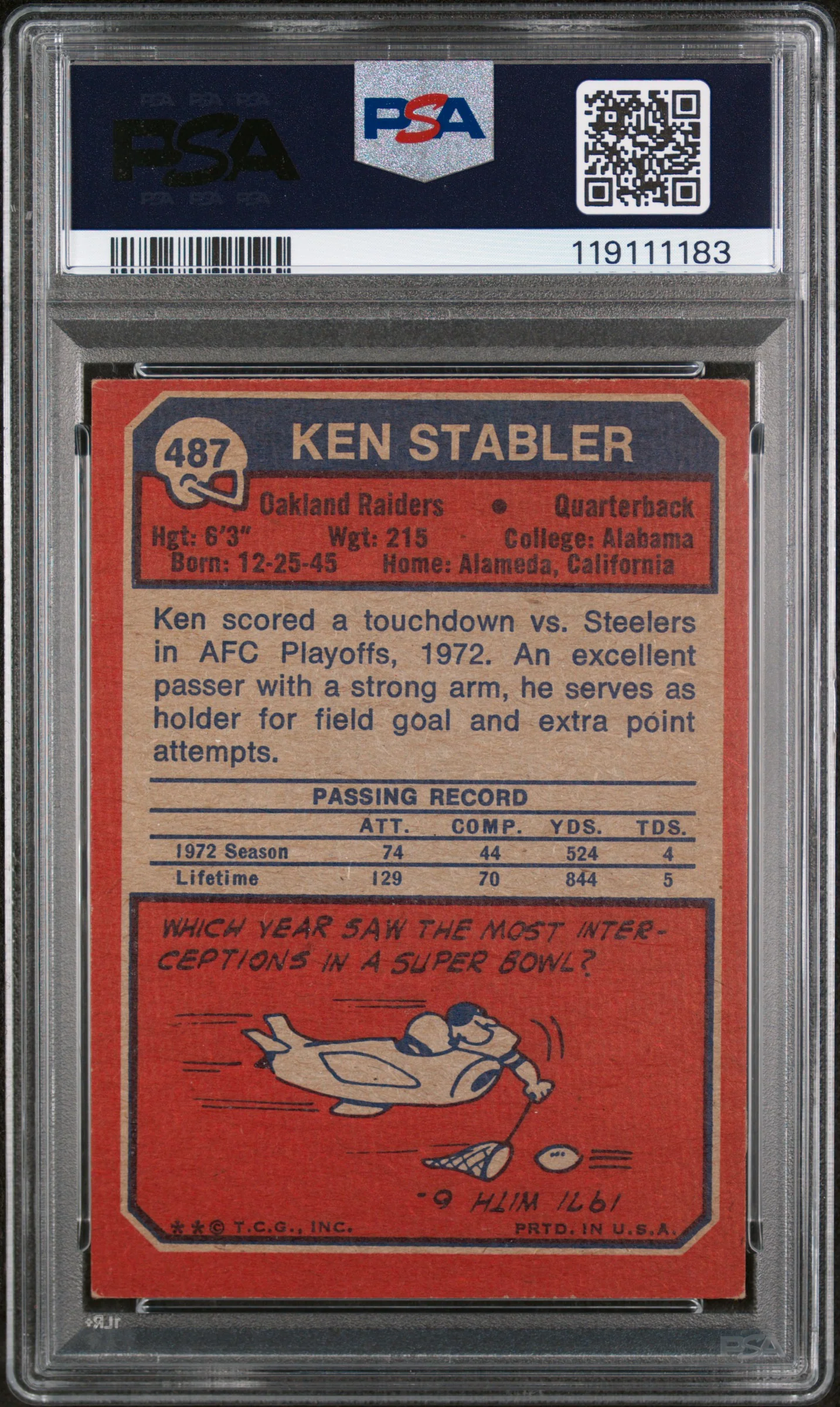 1973 Topps Ken Stabler #487 RC PSA 4 - Image 2