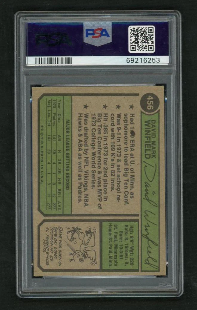 1974 Topps Dave Winfield #456 PSA 4 - Image 2