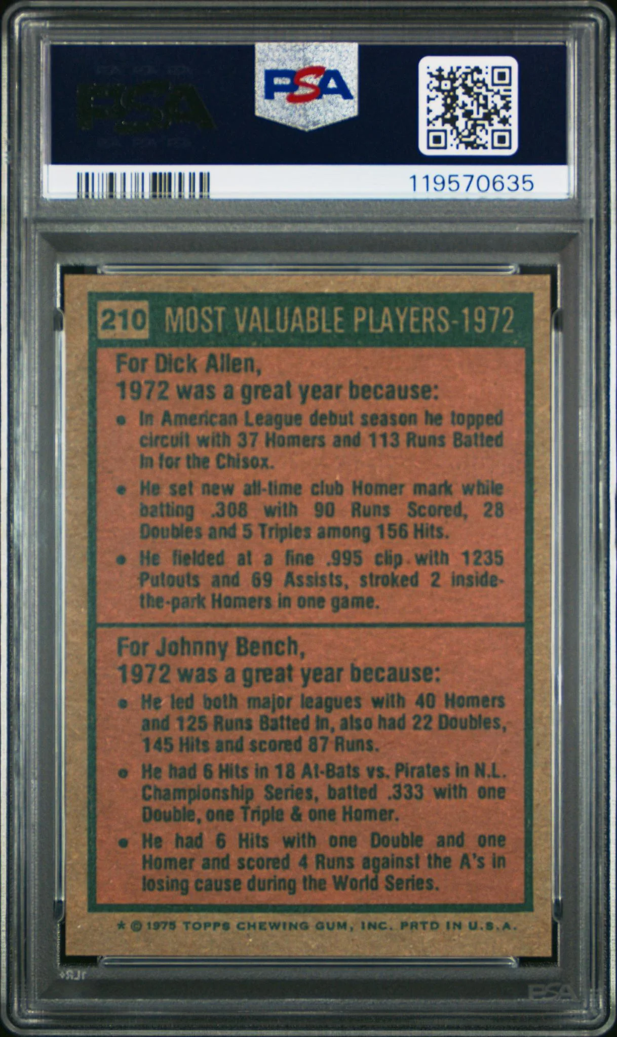 1975 Topps Johnny Bench/Richie Allen #210 PSA 8 - Image 2