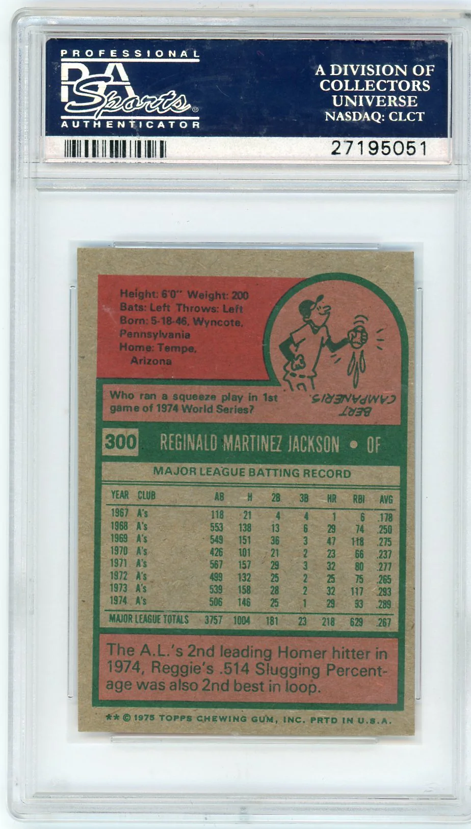 1975 Topps Mini Reggie Jackson #300 PSA 6 - Image 2