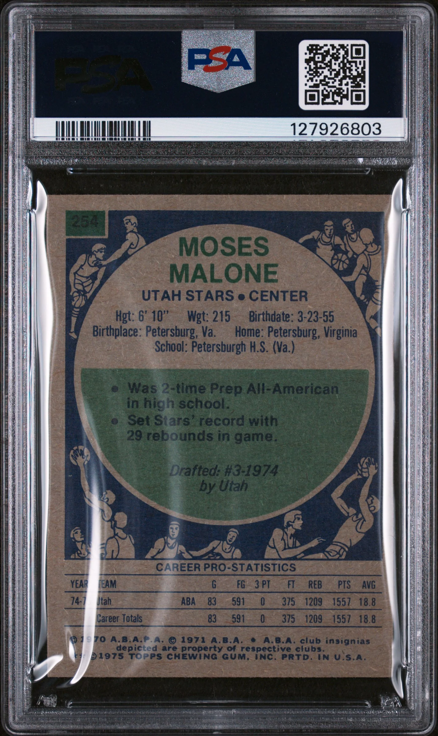 1975 Topps Moses Malone #254 PSA 6 - Image 2