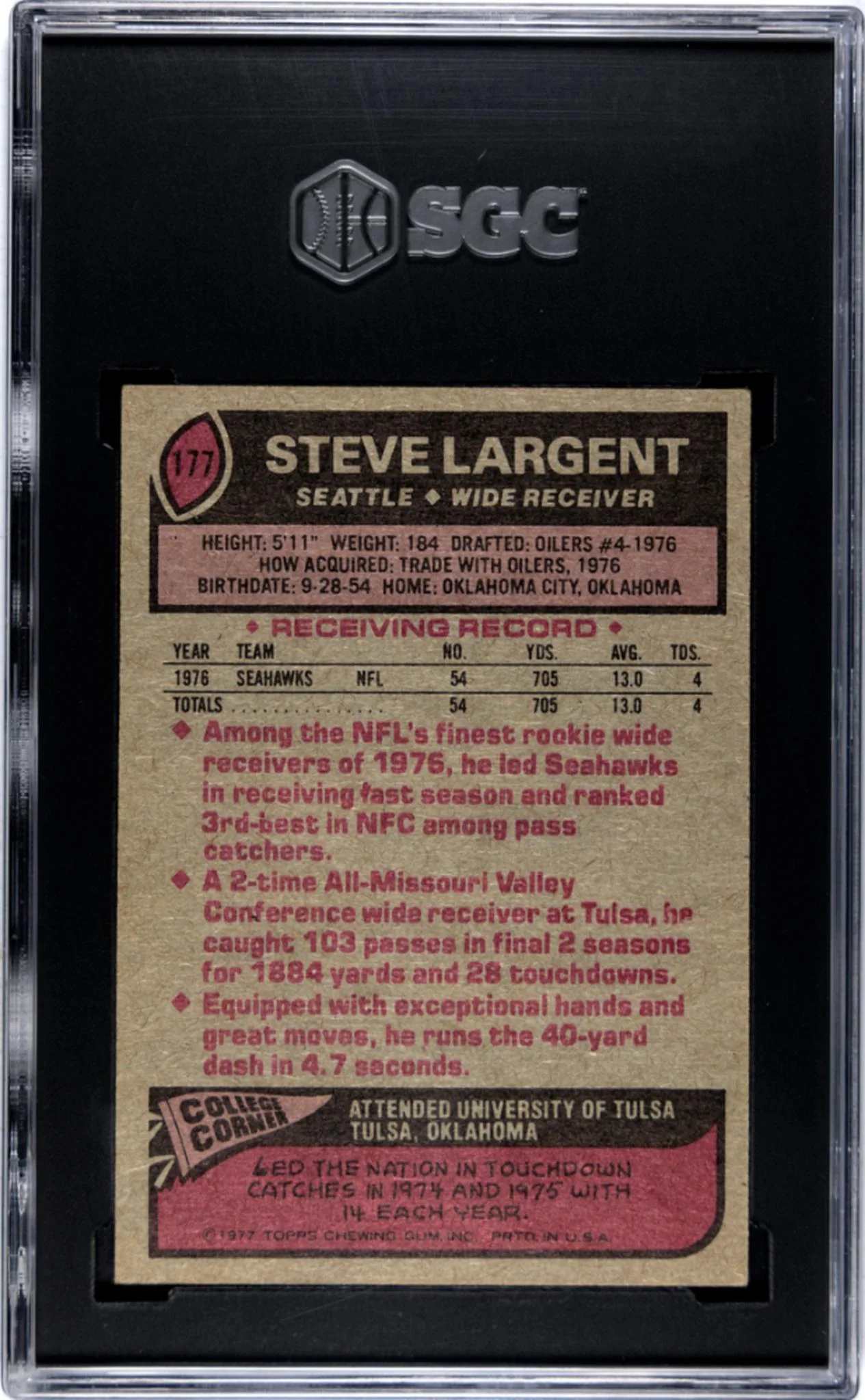 1977 Topps #177 Steve Largent SGC 6.5 - Image 2