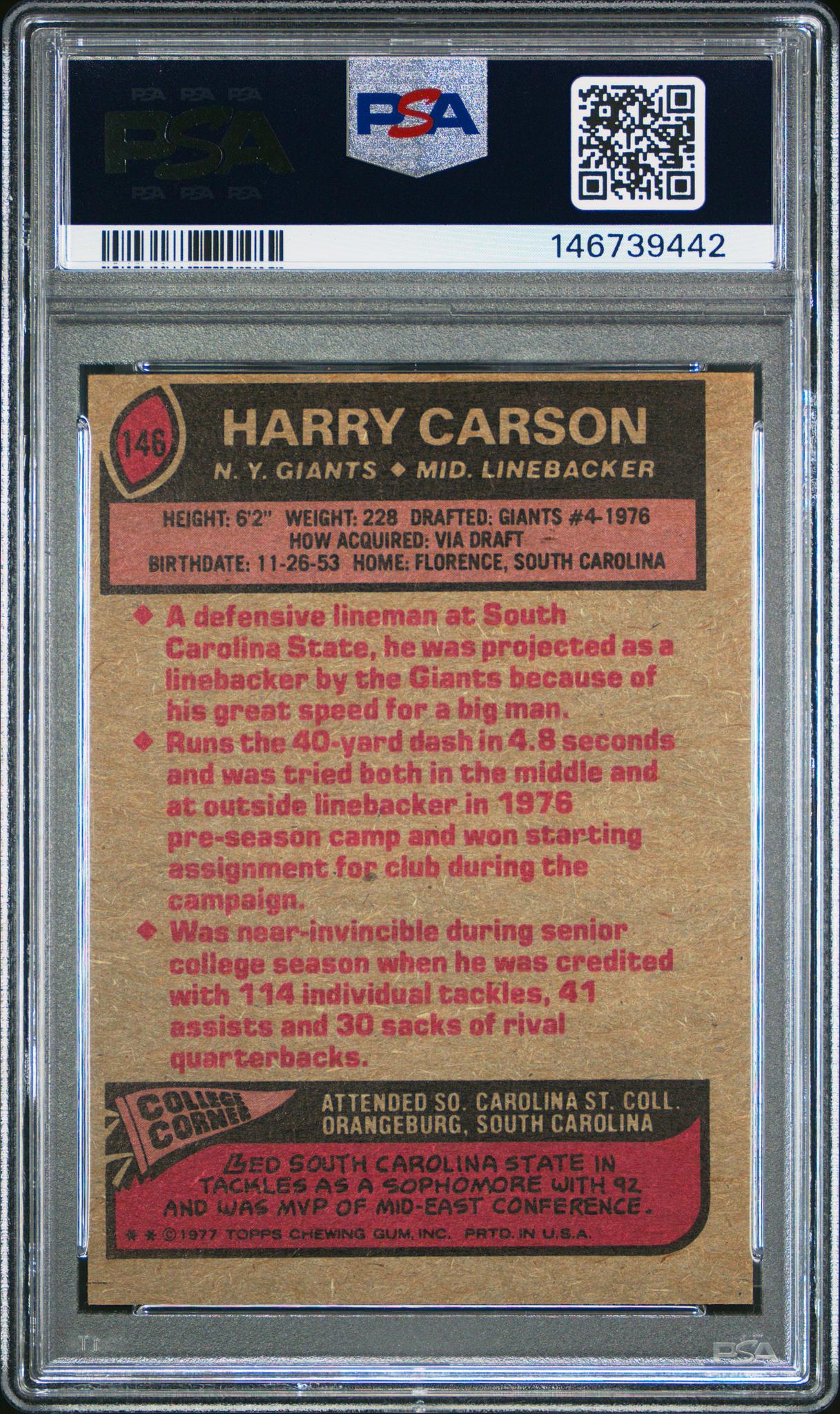 1977 Topps Harry Carson #146 PSA 5 - Image 2