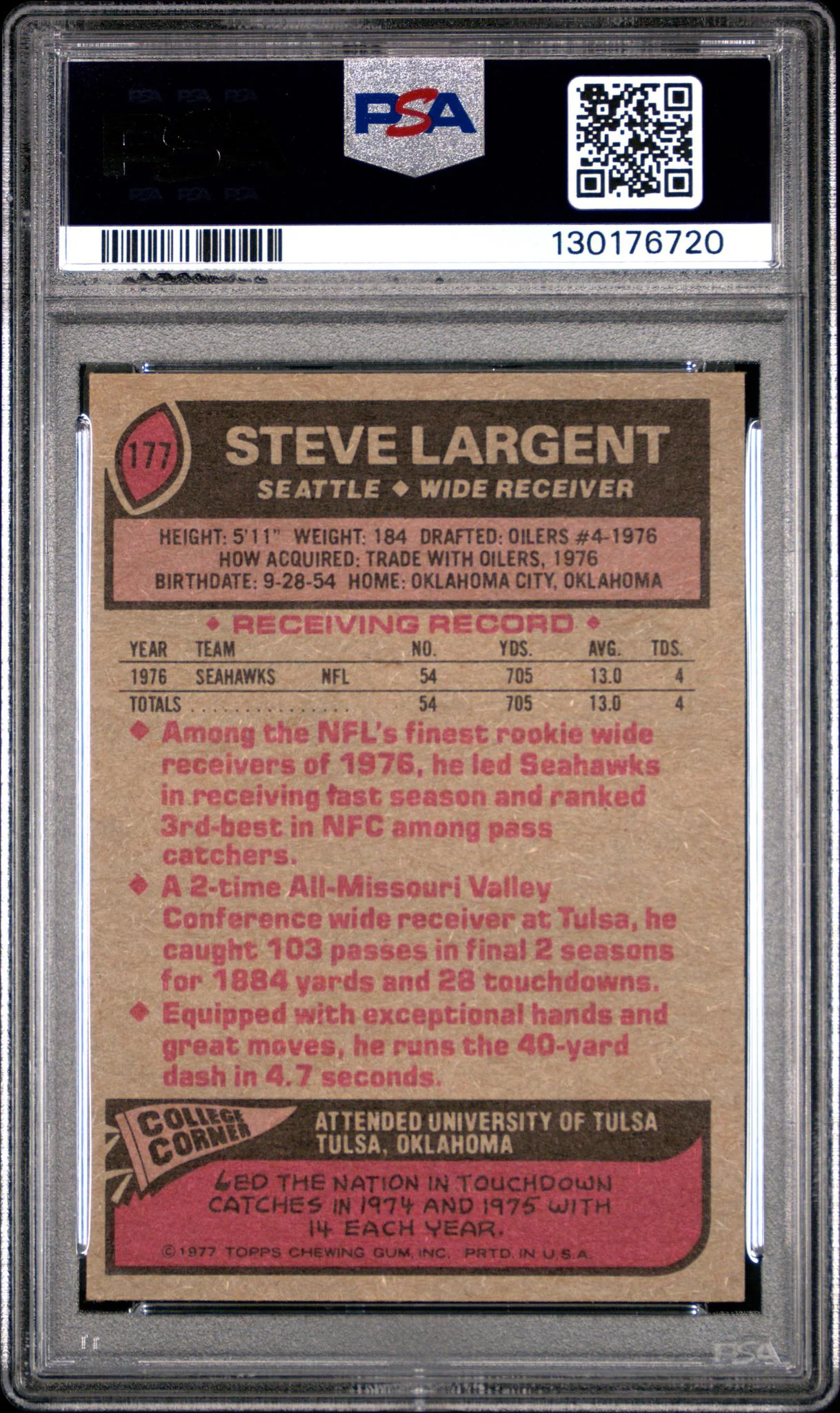 1977 Topps Steve Largent #177 PSA 7 - Image 2