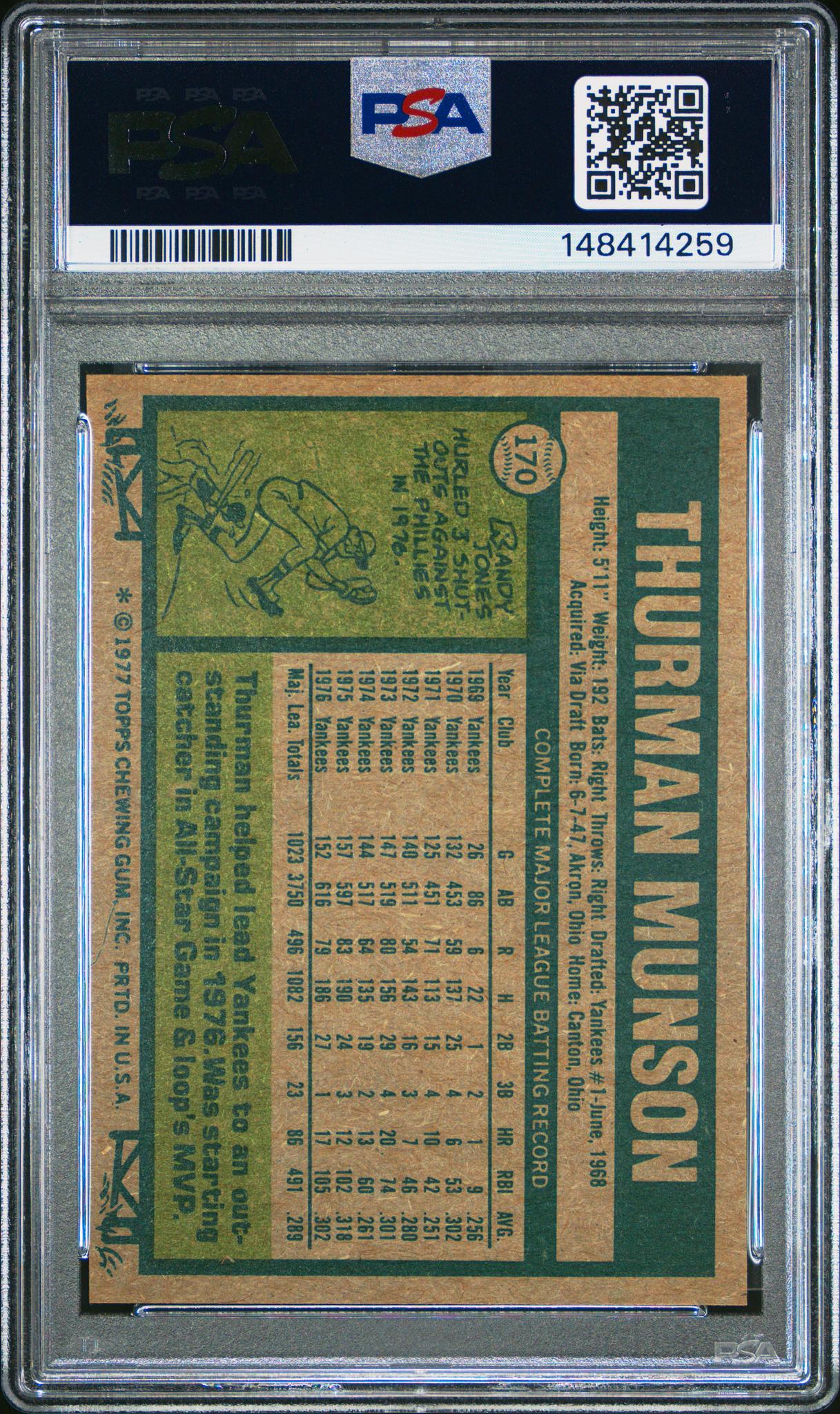 1977 Topps Thurman Munson #170 PSA 6 - Image 2